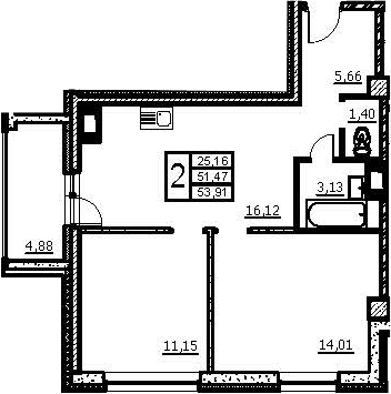 Планировка евротрёшка (3Е) 53.91 м² в ЖК «Wings», корпус 2