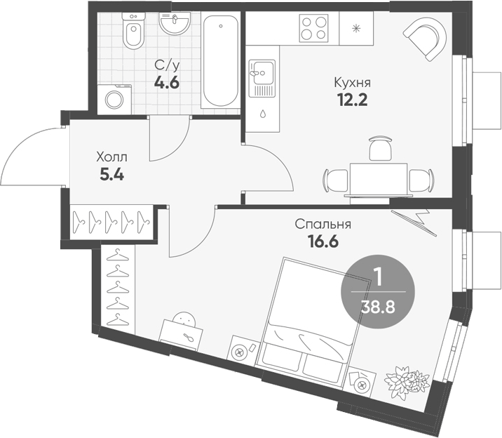 Планировка однокомнатная 38.8 м² в ЖК «Ягодное Река Парк», корпус 1.12
