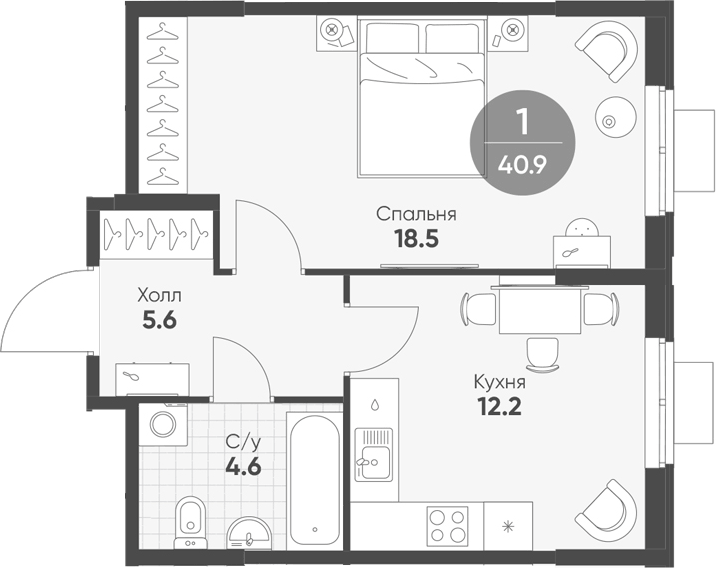 Планировка однокомнатная 40.9 м² в ЖК «Ягодное Река Парк», корпус 1.12