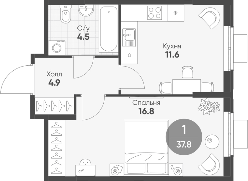 Планировка евродвушка (2Е) 37.8 м² в ЖК «Ягодное Река Парк», корпус 1.12
