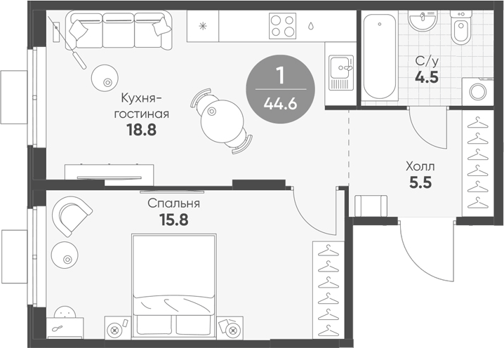 Планировка евродвушка (2Е) 44.6 м² в ЖК «Ягодное Река Парк», корпус 1.12