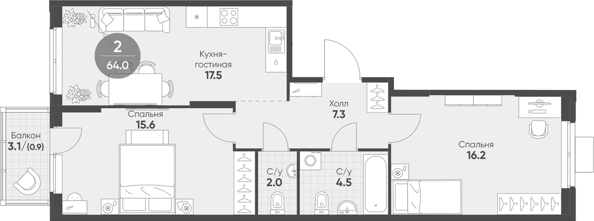 Планировка евротрёшка (3Е) 64 м² в ЖК «Ягодное Река Парк», корпус 1.12