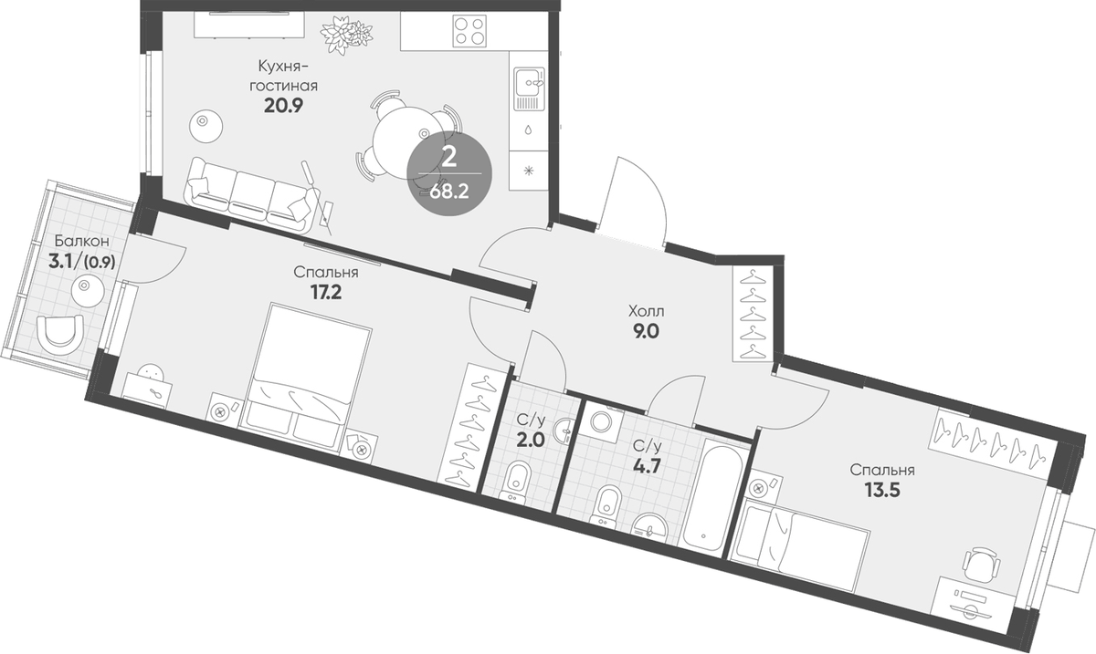 Планировка евротрёшка (3Е) 68.2 м² в ЖК «Ягодное Река Парк», корпус 1.12