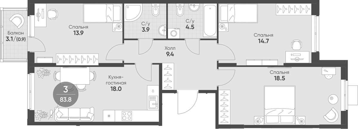 Планировка евро-4 (4Е) 83.8 м² в ЖК «Ягодное Река Парк», корпус 1.12