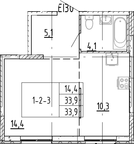 Планировка Студии 33.9 м² в ЖК «Ягодное Река Парк», корпус 1.11