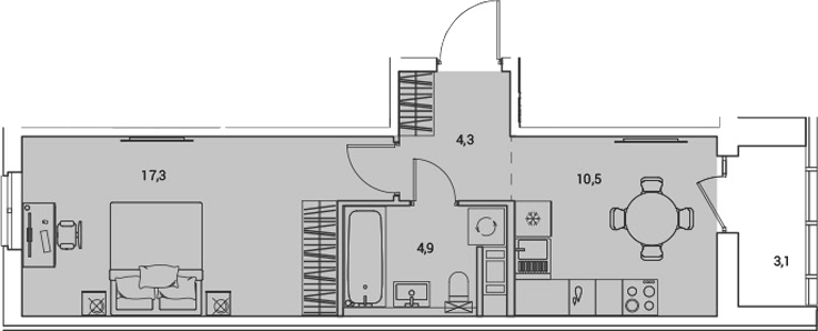 Планировка однокомнатная 38.5 м² в ЖК «Янила Форест», корпус 4