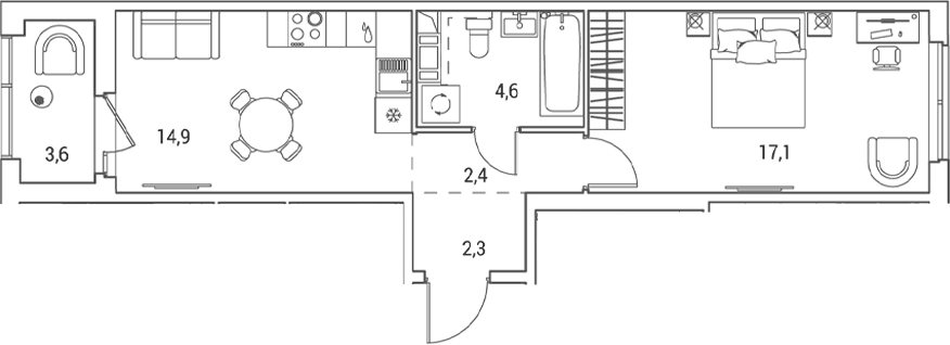 Планировка однокомнатная 43.1 м² в ЖК «Янила Форест», корпус 5