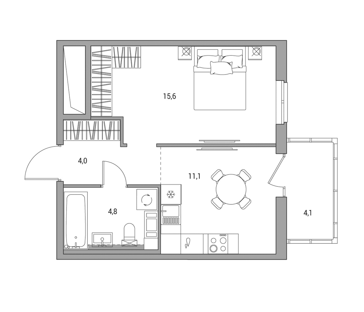 Планировка евродвушка (2Е) 36.7 м² в ЖК «Янила Форест», корпус 4
