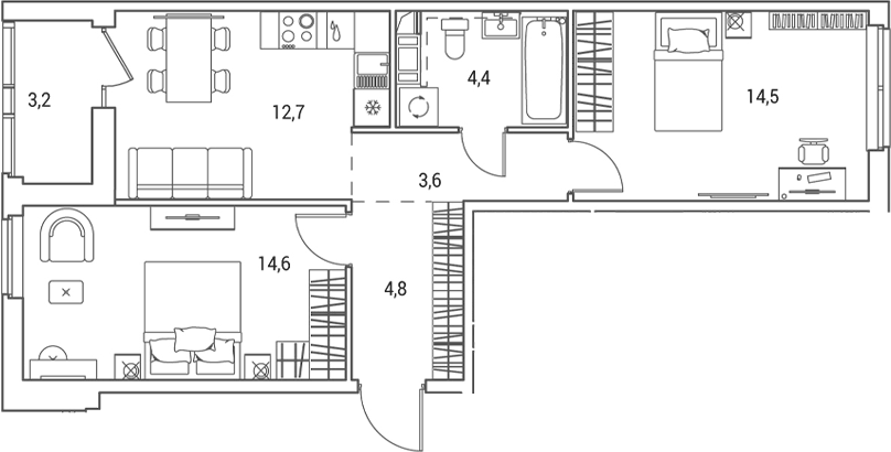 Планировка двухкомнатная 56.2 м² в ЖК «Янила Форест», корпус 5