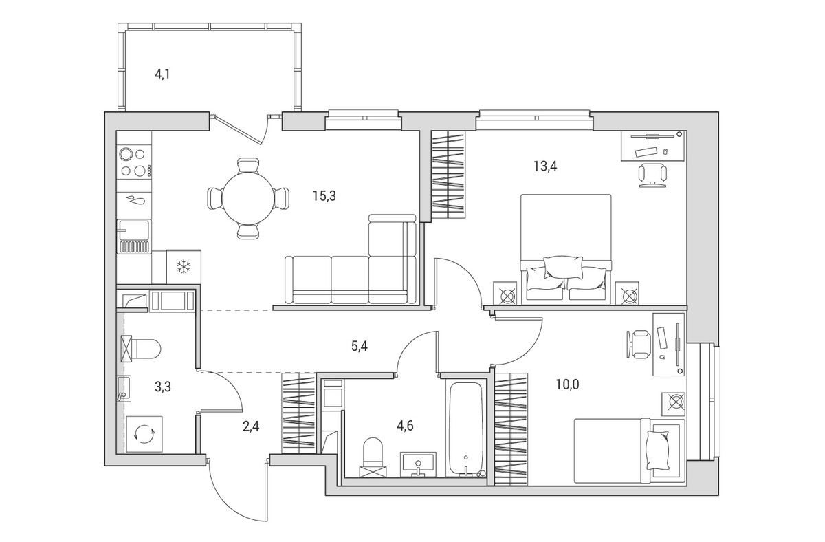 Планировка евротрёшка (3Е) 55.9 м² в ЖК «Янила Форест», корпус 4