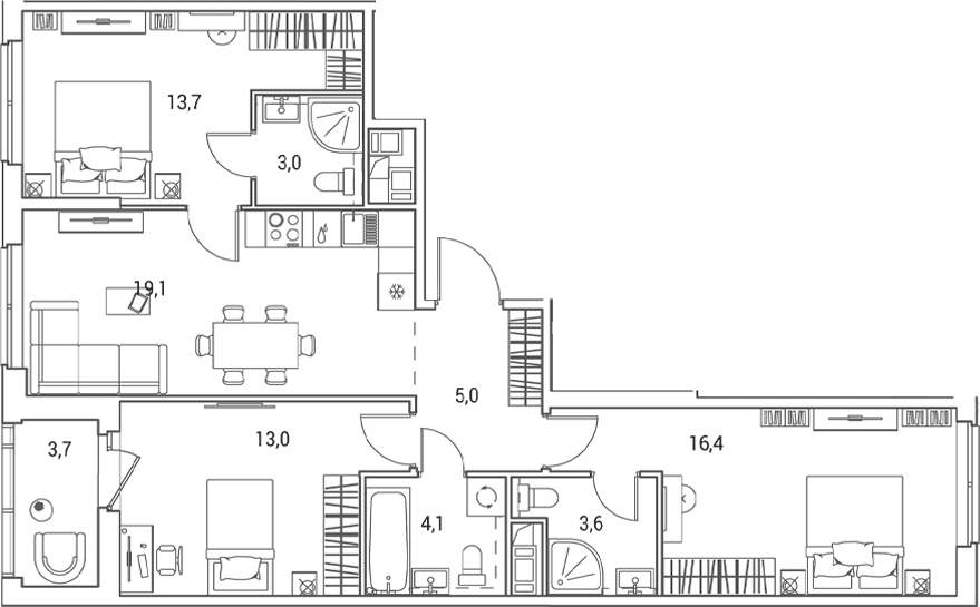 Планировка евро-4 (4Е) 79.8 м² в ЖК «Янила Форест», корпус 5