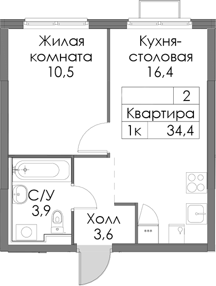 Планировка однокомнатная 34.4 м² в ЖК «Янинский лес», корпус 2