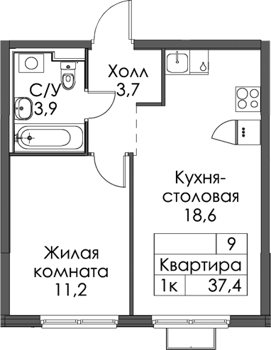 Планировка однокомнатная 37.4 м² в ЖК «Янинский лес», корпус 3