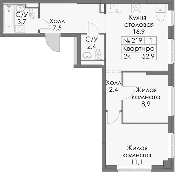 Планировка двухкомнатная 52.9 м² в ЖК «Янинский лес», корпус 1