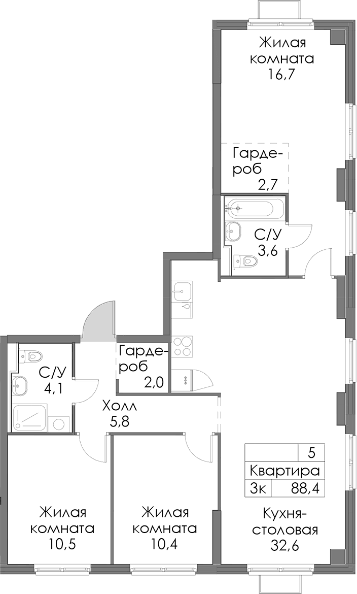 Планировка трёхкомнатная 88.4 м² в ЖК «Янинский лес», корпус 2