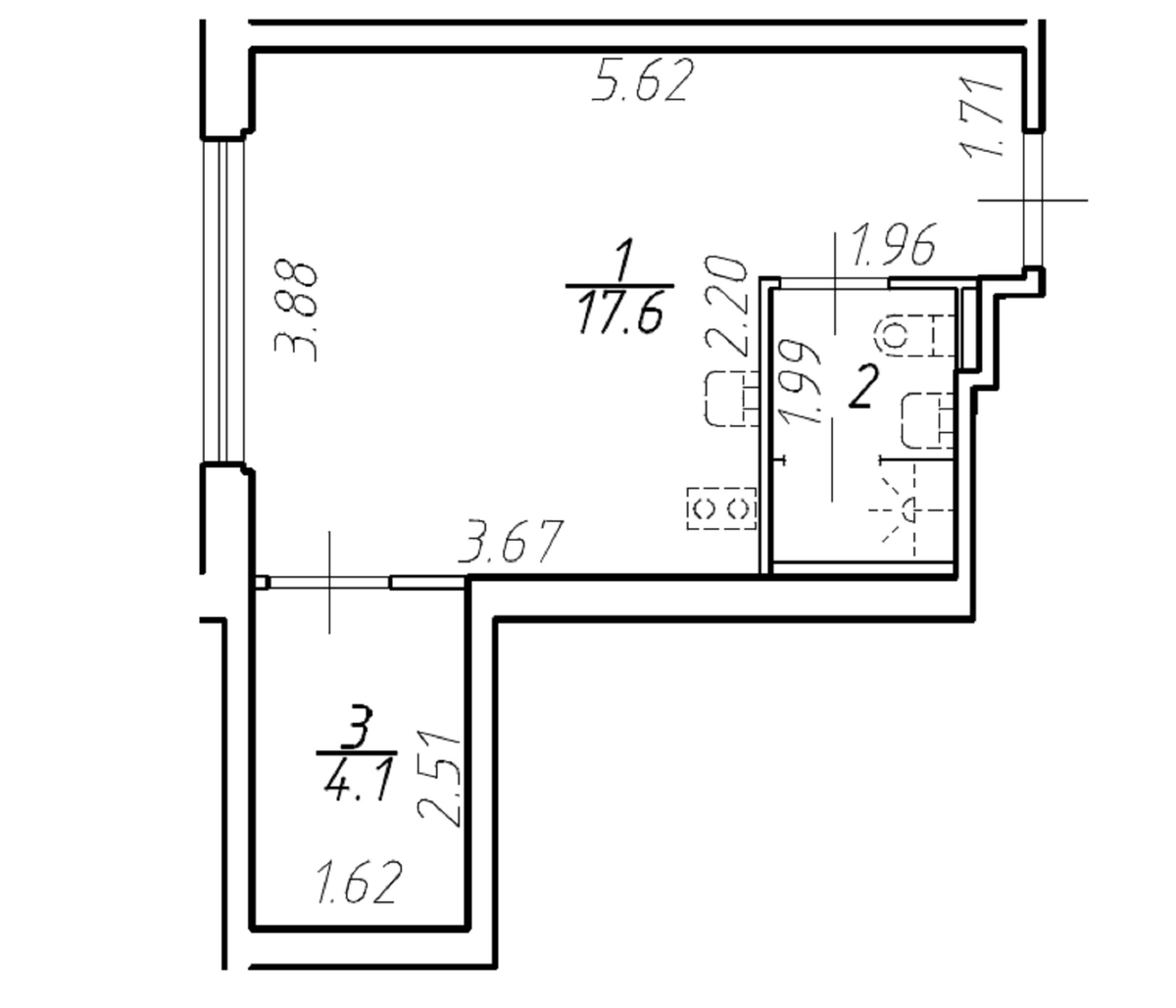Планировка однокомнатная 24.4 м² в ЖК «Yard Residence», корпус 1