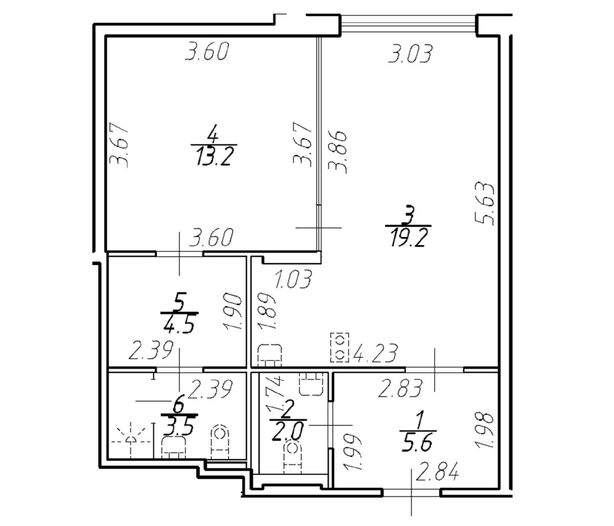 Планировка однокомнатная 48 м² в ЖК «Yard Residence», корпус 1
