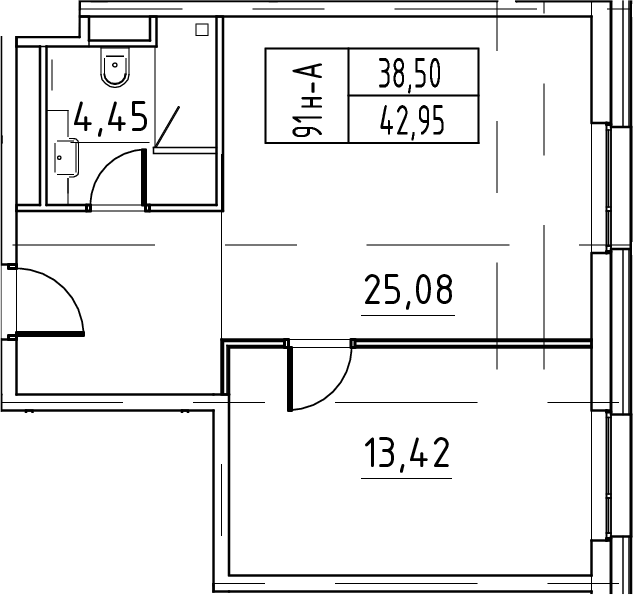 Планировка евродвушка (2Е) 42.95 м² в ЖК «ЙЕС Лидер», корпус 1