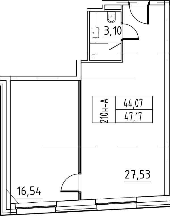 Планировка евродвушка (2Е) 47.17 м² в ЖК «ЙЕС Лидер», корпус 1