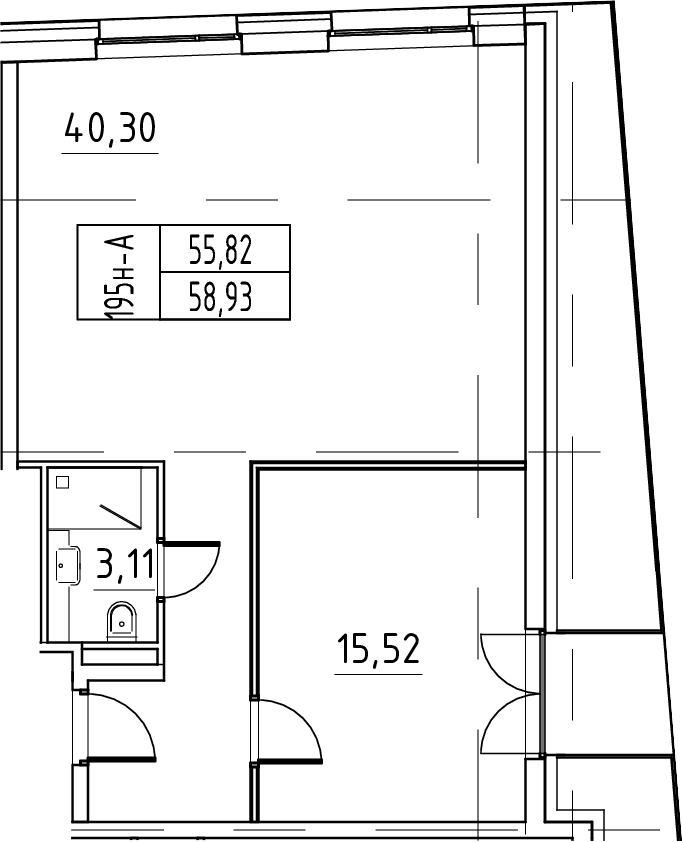 Планировка евродвушка (2Е) 58.93 м² в ЖК «ЙЕС Лидер», корпус 1