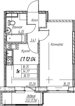 Планировка однокомнатная 36.13 м² в ЖК «Юнтолово», корпус 9