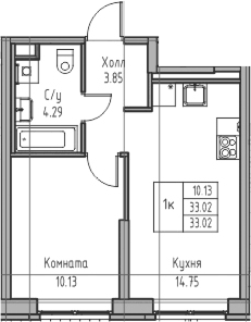 Планировка евродвушка (2Е) 33.02 м² в ЖК «Юнтолово», корпус 7