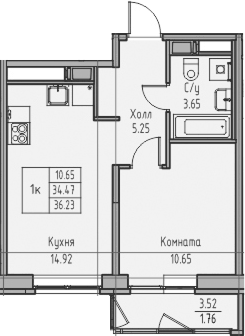 Планировка евродвушка (2Е) 36.23 м² в ЖК «Юнтолово», корпус 7
