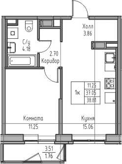 Планировка евродвушка (2Е) 38.81 м² в ЖК «Юнтолово», корпус 7