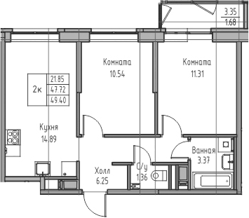 Планировка евротрёшка (3Е) 49.4 м² в ЖК «Юнтолово», корпус 7