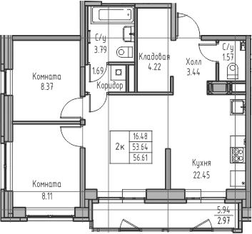Планировка евротрёшка (3Е) 56.61 м² в ЖК «Юнтолово», корпус 7