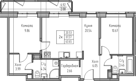 Планировка евротрёшка (3Е) 63.65 м² в ЖК «Юнтолово», корпус 7
