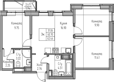 Планировка евро-4 (4Е) 62.44 м² в ЖК «Юнтолово», корпус 7