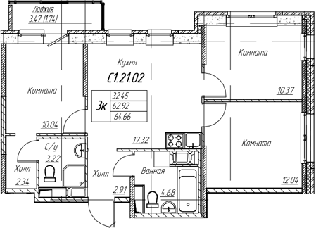 Планировка евро-4 (4Е) 64.66 м² в ЖК «Юнтолово», корпус 9