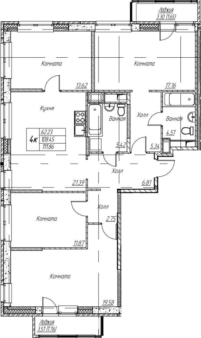 Планировка 5Е-к.кв 111.86 м² в ЖК «Юнтолово», корпус 6