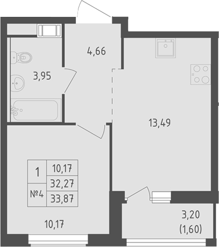 Планировка однокомнатная 33.87 м² в ЖК «Южная Нева», корпус 2