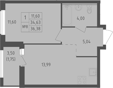 Планировка однокомнатная 36.38 м² в ЖК «Южная Нева», корпус 2
