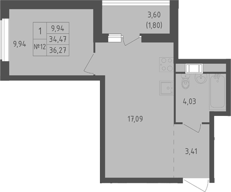Планировка евродвушка (2Е) 36.27 м² в ЖК «Южная Нева», корпус 2