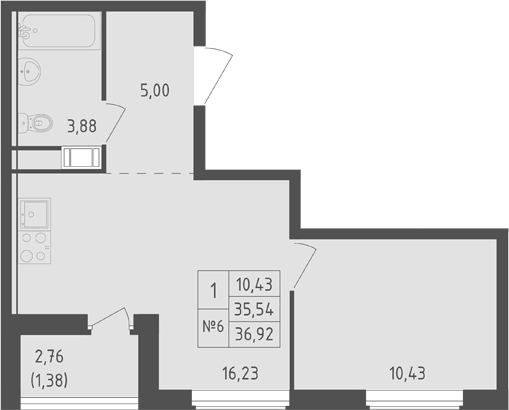 Планировка евродвушка (2Е) 36.92 м² в ЖК «Южная Нева», корпус 2