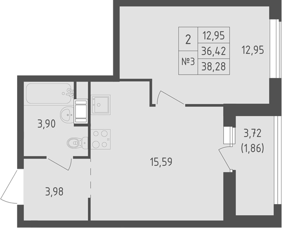 Планировка евродвушка (2Е) 38.28 м² в ЖК «Южная Нева», корпус 2