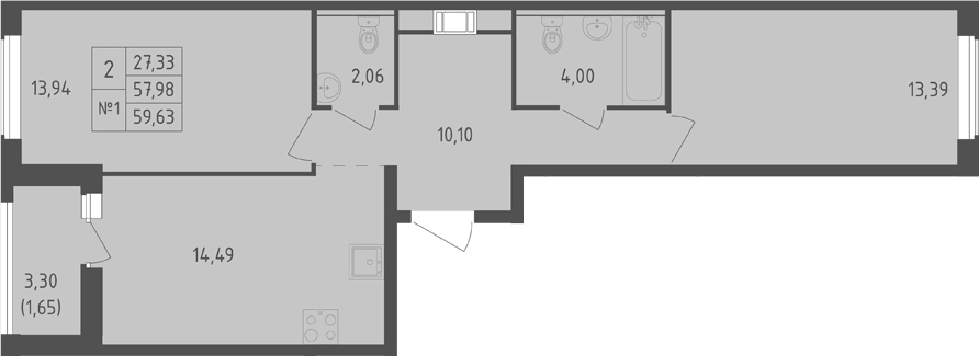 Планировка двухкомнатная 59.63 м² в ЖК «Южная Нева», корпус 2
