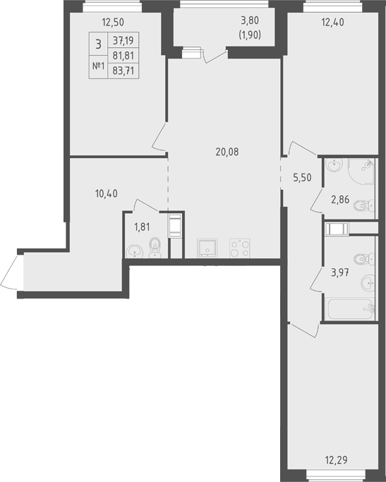 Планировка евро-4 (4Е) 83.71 м² в ЖК «Южная Нева», корпус 2