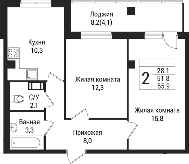 Планировка двухкомнатная 60 м² в ЖК «Южная Заря», корпус 1