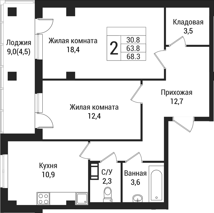Планировка двухкомнатная 72.8 м² в ЖК «Южная Заря», корпус 1