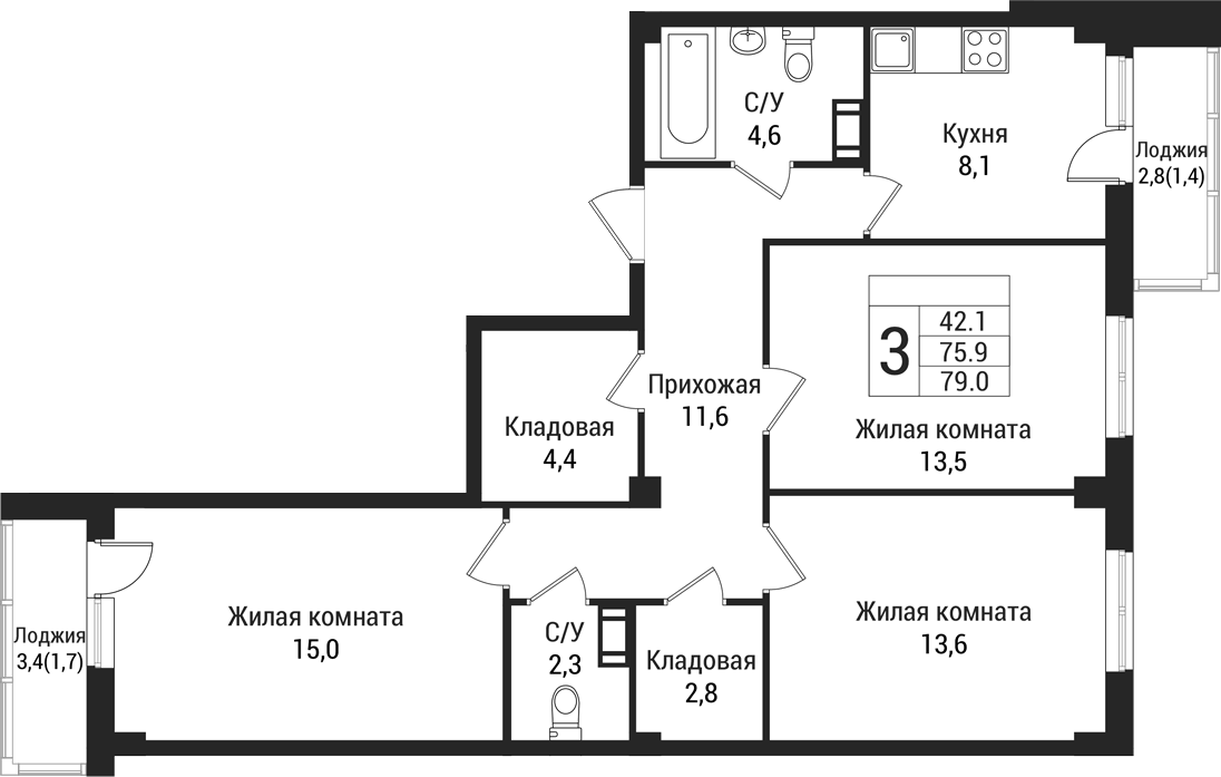 Планировка трёхкомнатная 82.1 м² в ЖК «Южная Заря», корпус 1