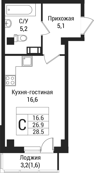 Планировка Студии 29 м² в ЖК «Южная Заря», корпус 1