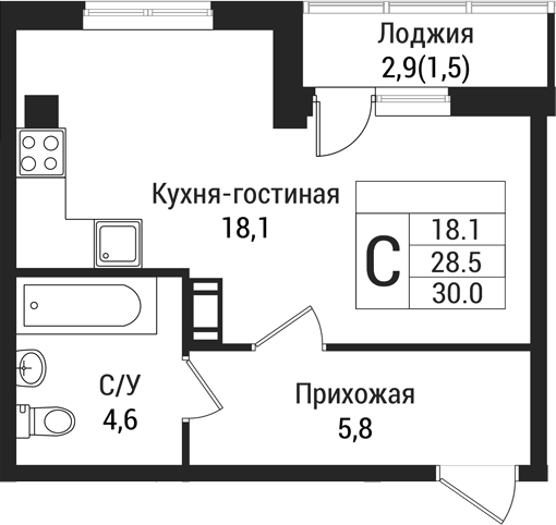 Планировка Студии 31.5 м² в ЖК «Южная Заря», корпус 1