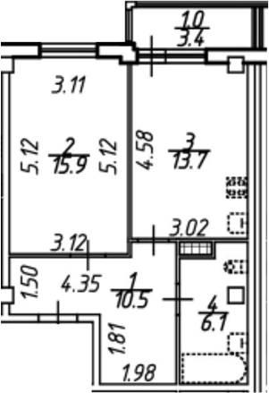 Планировка однокомнатная 49.2 м² в ЖК «Южная звезда», корпус 1