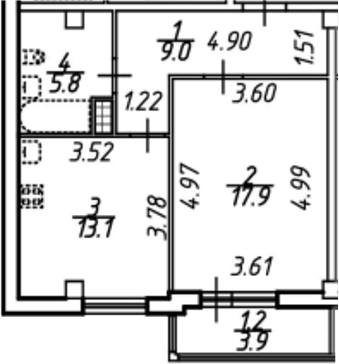 Планировка однокомнатная 49.8 м² в ЖК «Южная звезда», корпус 1