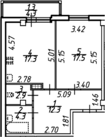 Планировка евродвушка (2Е) 58.3 м² в ЖК «Южная звезда», корпус 1