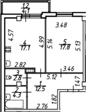 Планировка евродвушка (2Е) 58.5 м² в ЖК «Южная звезда», корпус 1